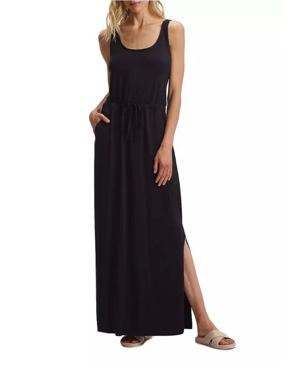 Commando Butter Sleeveless Drawstring Maxi Dress Black XS Side Pockets Soft